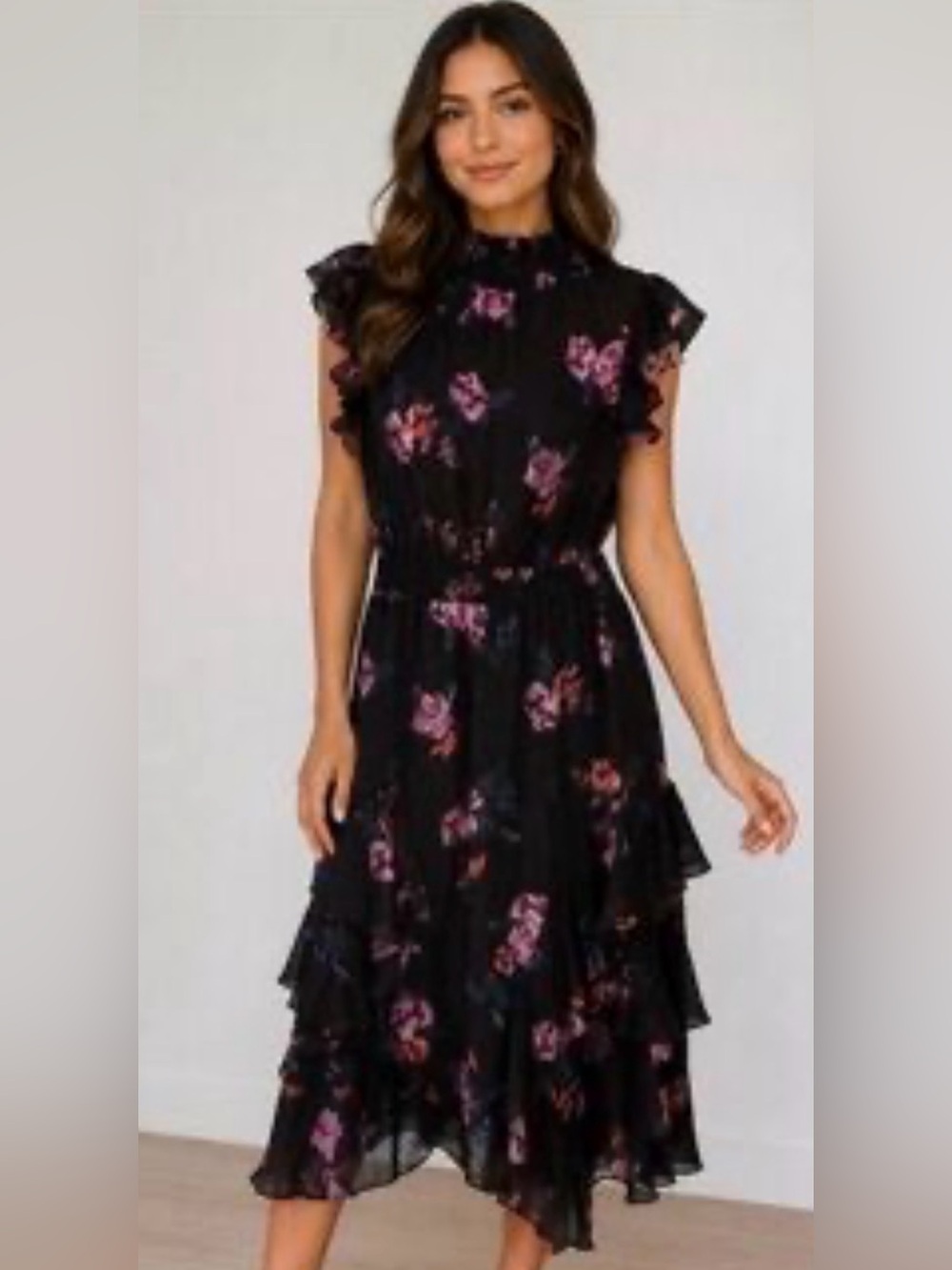 Rachel Roy Ruffle Midi Floral Dress Womens Size 14 Black Floral